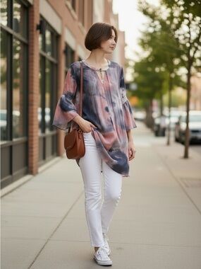 NWT Umgee Tie-Dye Peasant Tunic Top - Pink & Navy - Flowy
